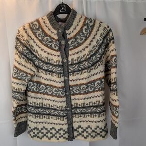 VTG Handmade in Norway heavy cardigan patterned wool sweater sz M(by measurement
